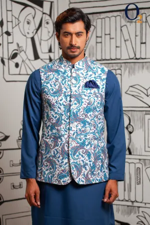 Digital Printed Art Silk Nehru  in Light Blue