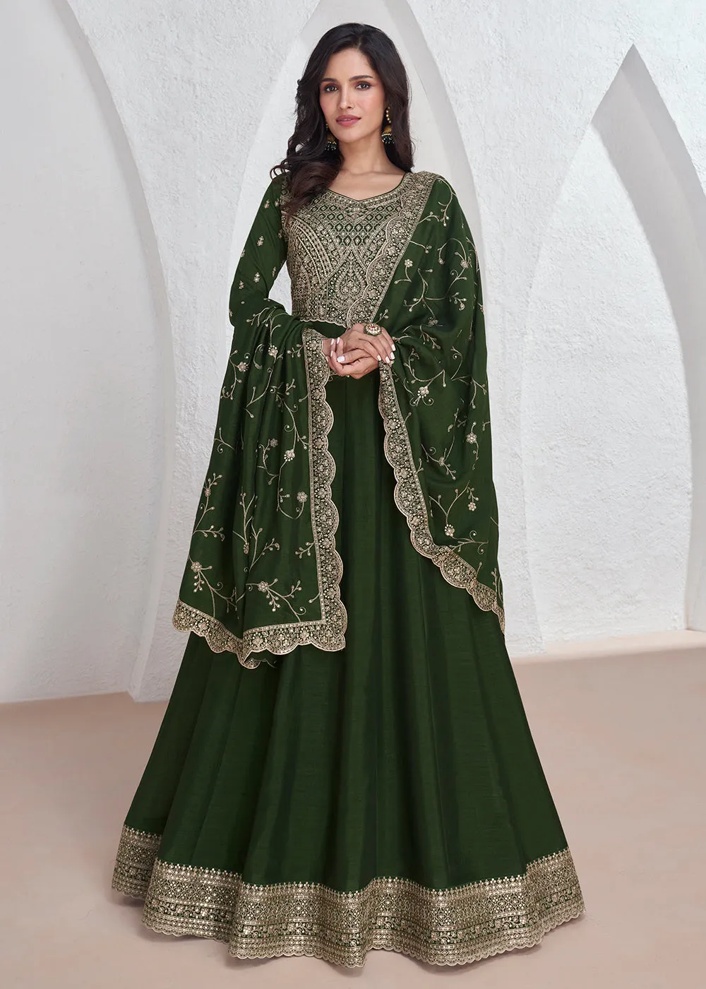 Elegant Green Embroidered Silk Wedding Anarkali Dress