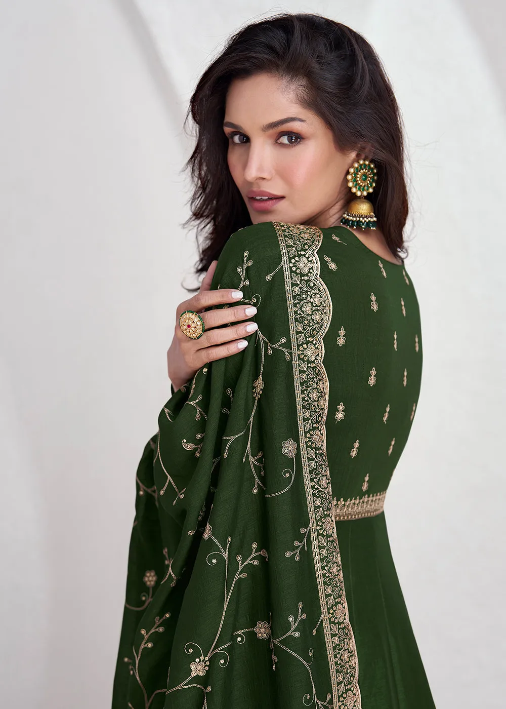 Elegant Green Embroidered Silk Wedding Anarkali Dress