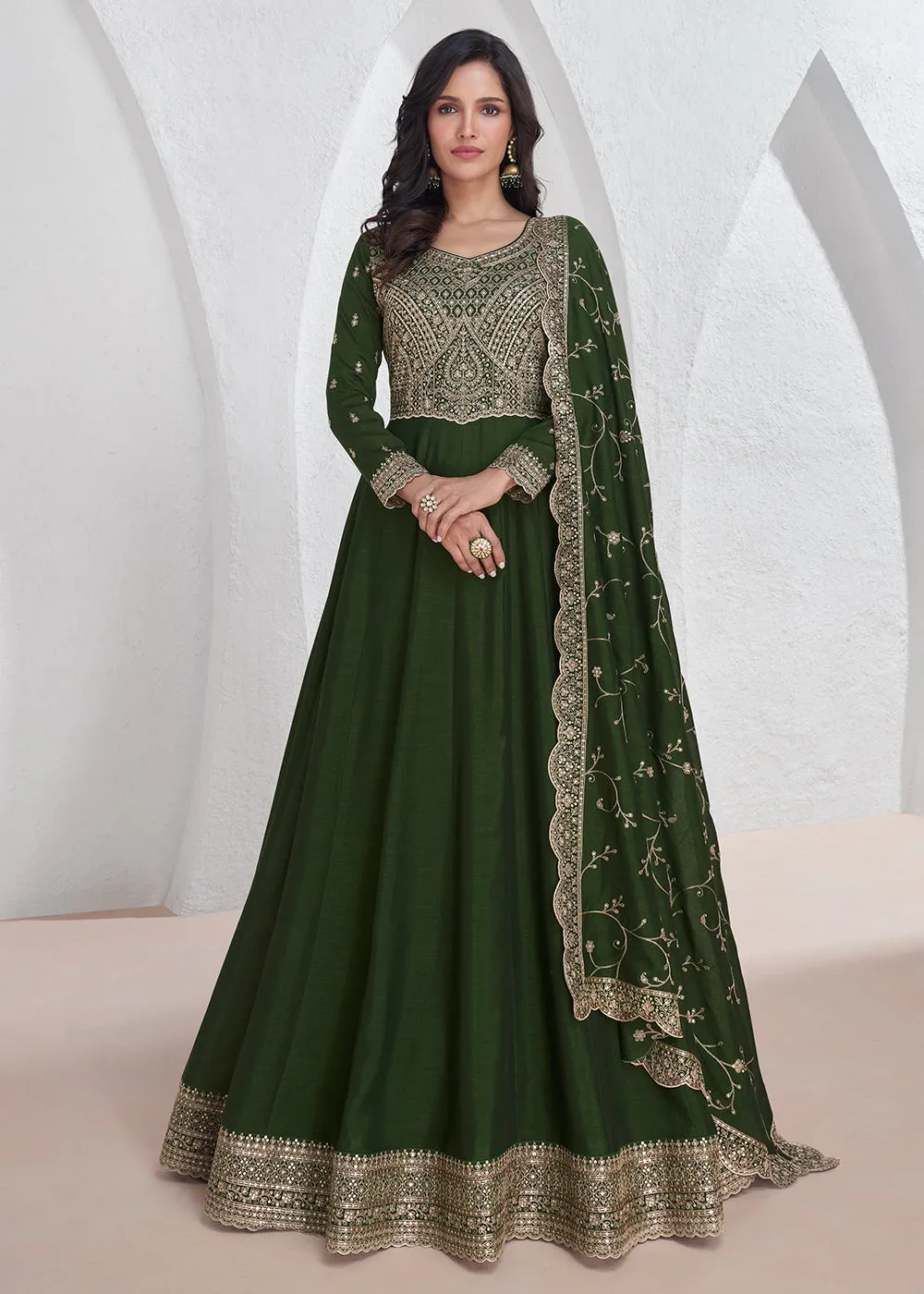 Elegant Green Embroidered Silk Wedding Anarkali Dress