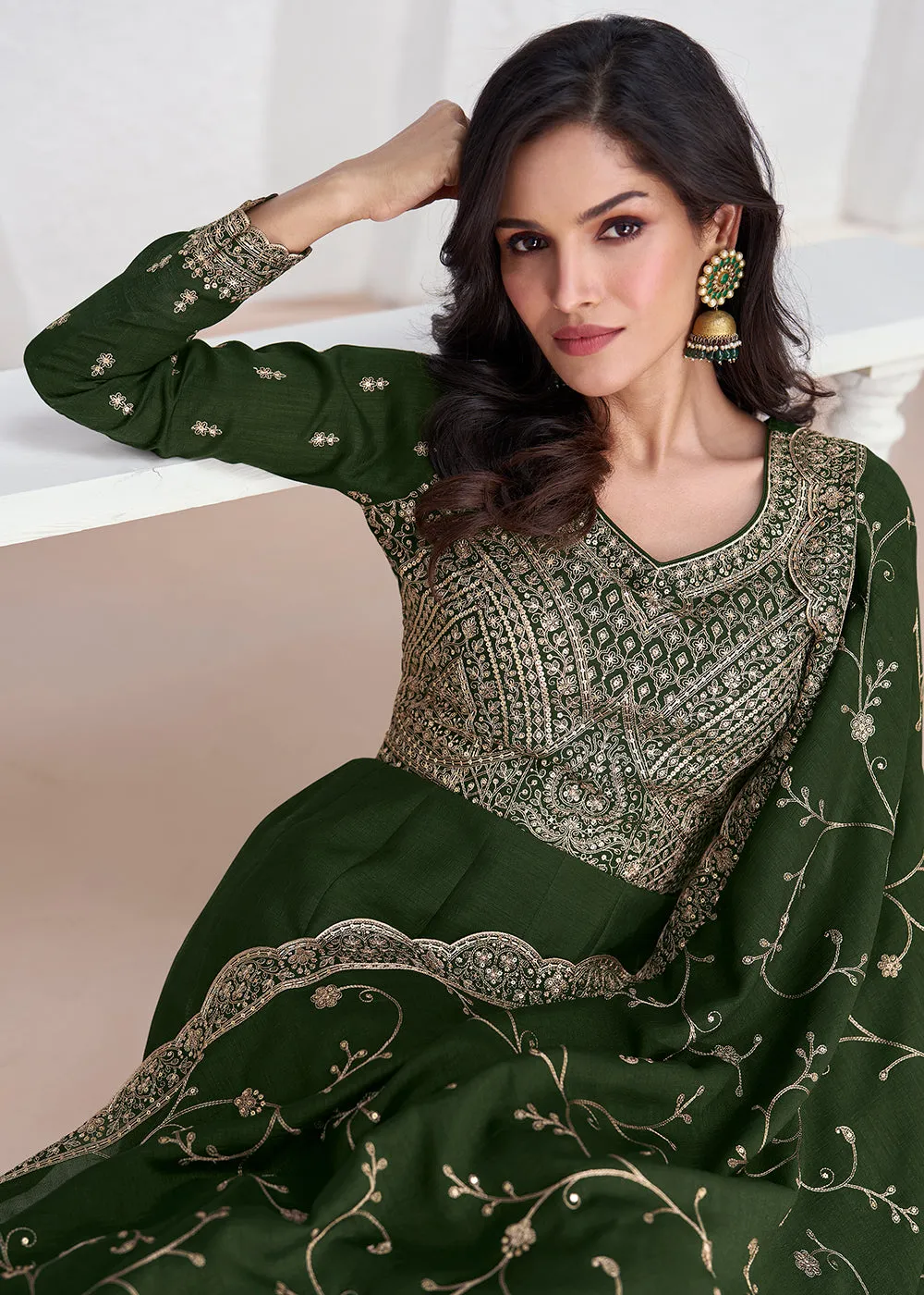 Elegant Green Embroidered Silk Wedding Anarkali Dress