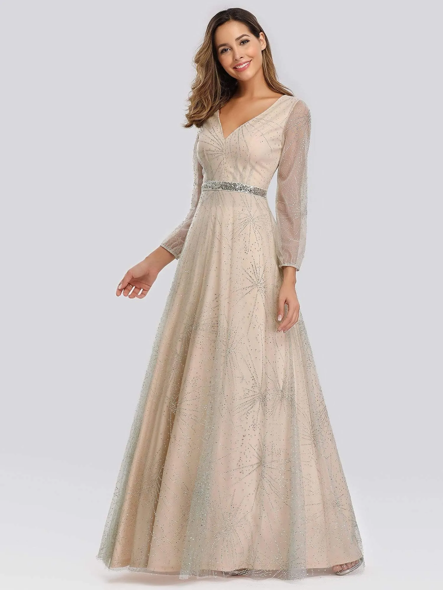 Elegant Shimmery Long Lantern Sleeve Prom Dress