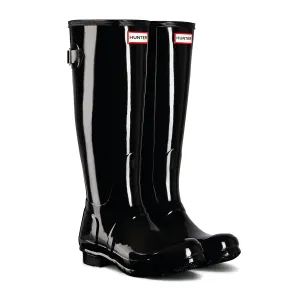 Hunter Women's Tall Back Adjustable Gloss Wellington Boots in Black