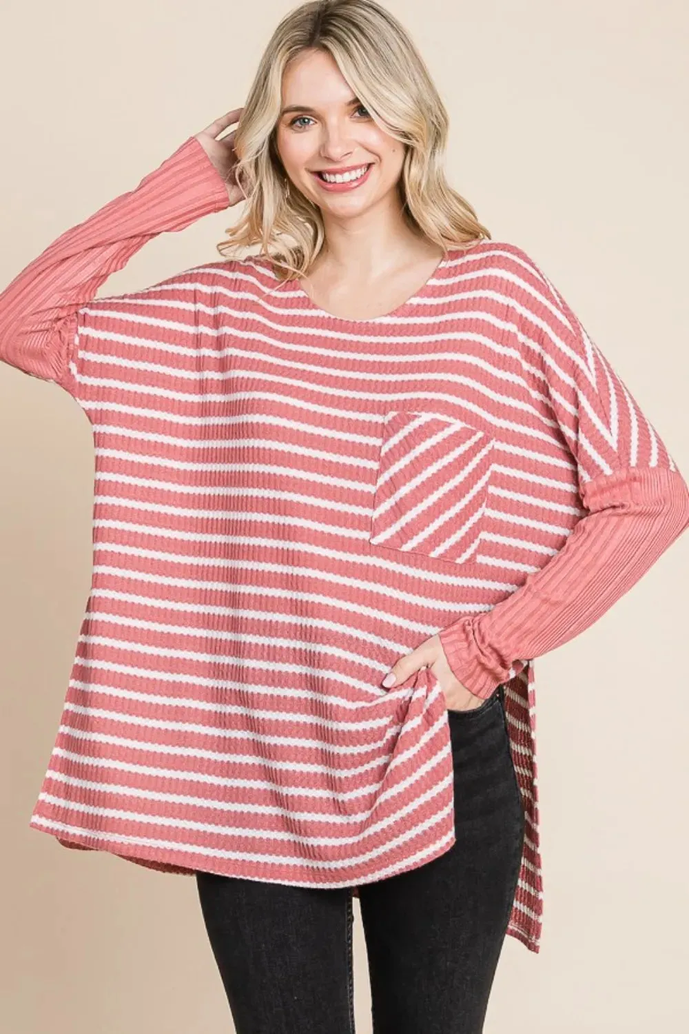 Oversize Striped Round Neck Long Sleeve Slit T-Shirt