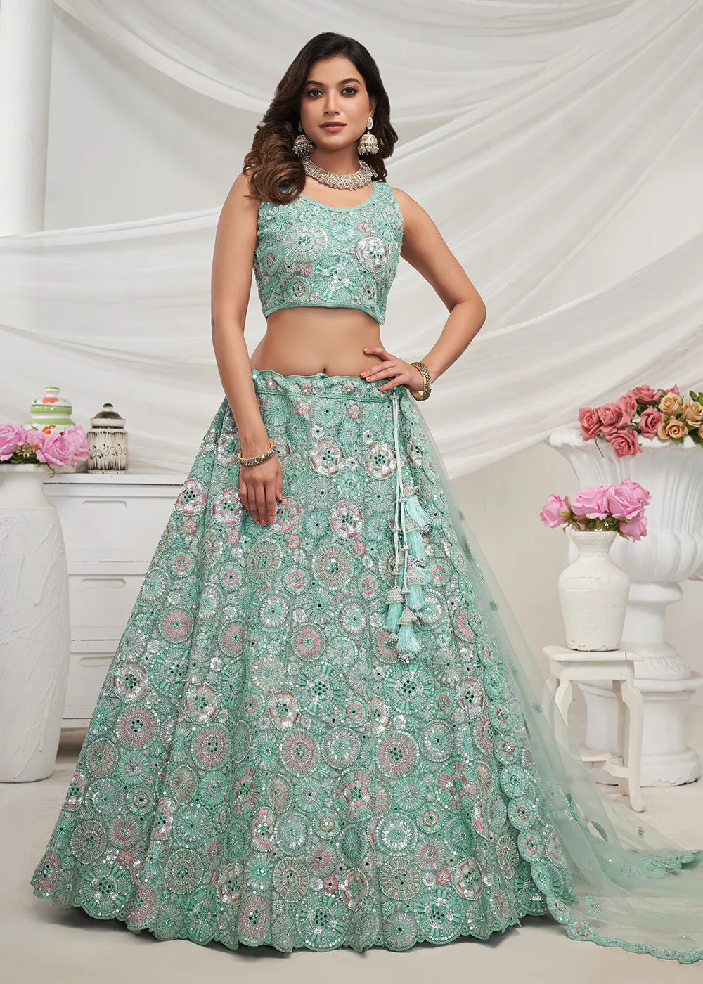 Sky Blue Bridal Mirror Embroidered Designer Lehenga Choli