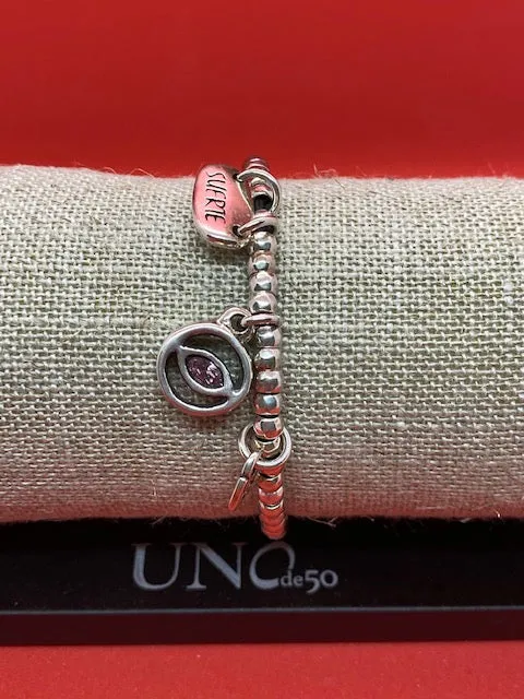 Uno De 50 15 MC Silver Plate "My Luck" Elastic Bracelet with Pink Crystal Eye Charm