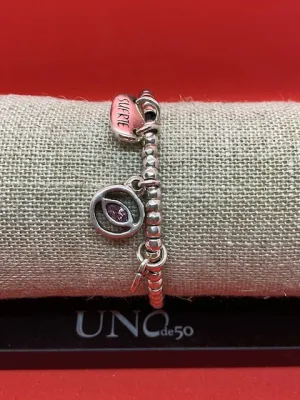 Uno De 50 15 MC Silver Plate "My Luck" Elastic Bracelet with Pink Crystal Eye Charm