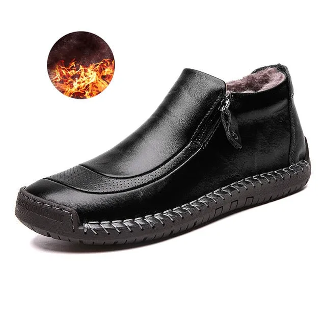 winter Men Casual Leather shoes Plush warm zipper Mid-top boots